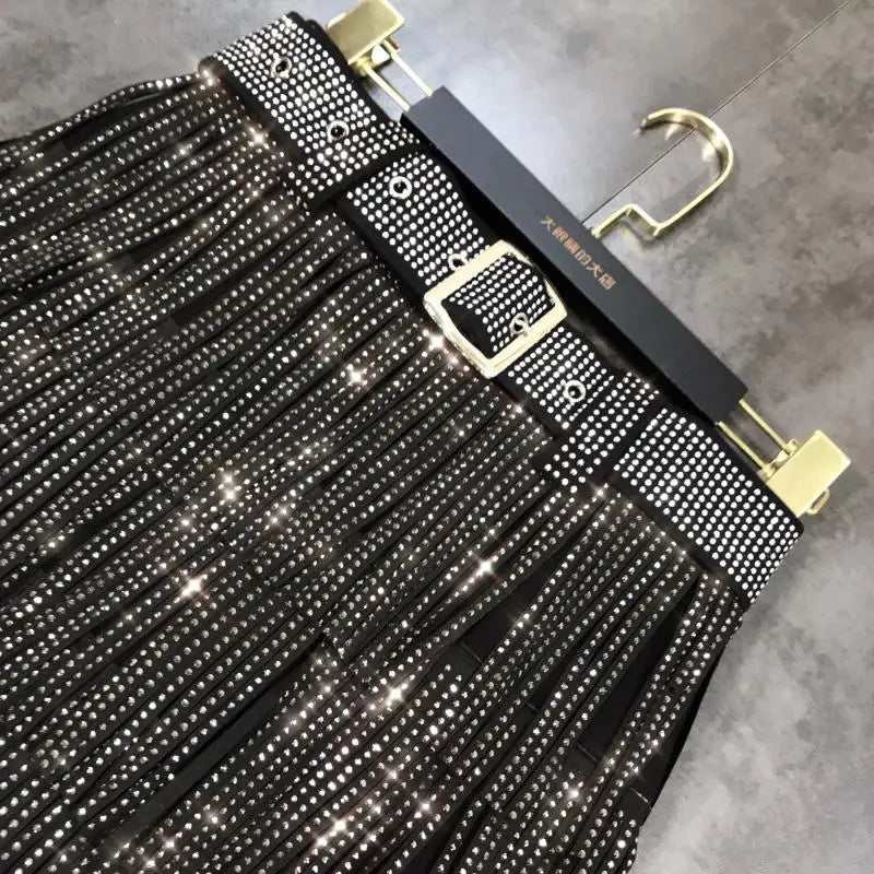Women Skirt Fashion 2025 New Autumn High Waist Belt Multi Layer Short  Heavy Drilling Rhinestones Fringed Skirt with Cake A Line