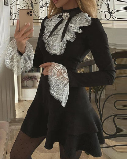 2025 Women's Dresses Fashion Elegant Sexy Long Sleeve Lace Bell Sleeve Ruffle Dress OL Classic Romantic Patchwork Mini Dress