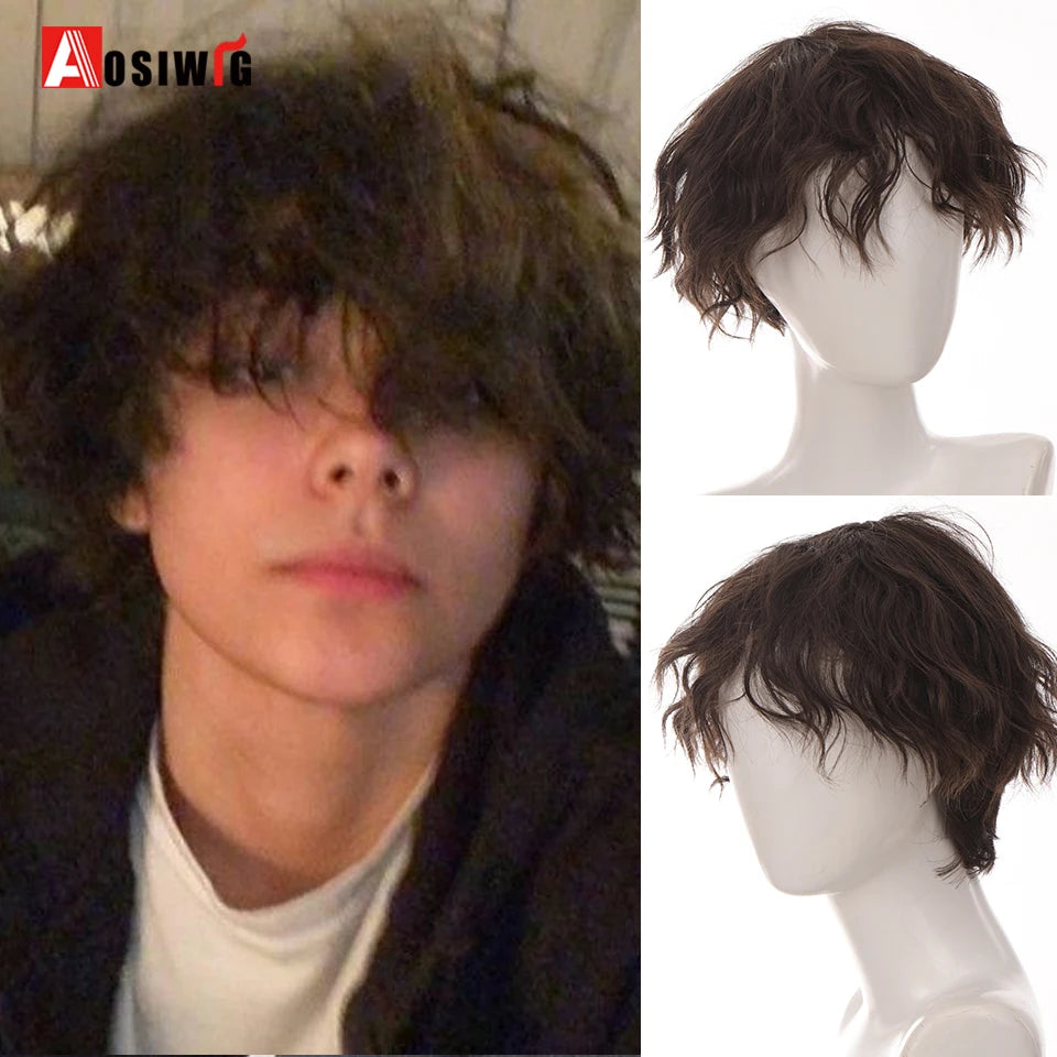 AOSIWIG  Short Curly Cosplay Men Boy Party Light Yellow Synthetic Heat Resistant Hair Wigs Men's Breathable Wig