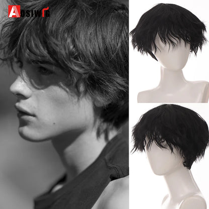 AOSIWIG  Short Curly Cosplay Men Boy Party Light Yellow Synthetic Heat Resistant Hair Wigs Men's Breathable Wig