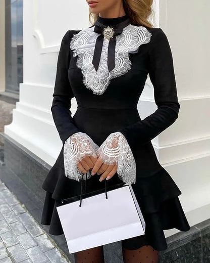 2025 Women's Dresses Fashion Elegant Sexy Long Sleeve Lace Bell Sleeve Ruffle Dress OL Classic Romantic Patchwork Mini Dress