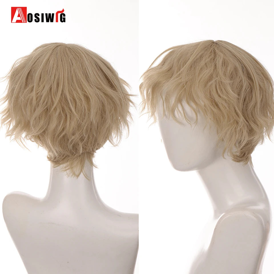 AOSIWIG  Short Curly Cosplay Men Boy Party Light Yellow Synthetic Heat Resistant Hair Wigs Men's Breathable Wig