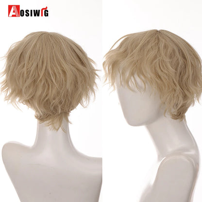 AOSIWIG  Short Curly Cosplay Men Boy Party Light Yellow Synthetic Heat Resistant Hair Wigs Men's Breathable Wig