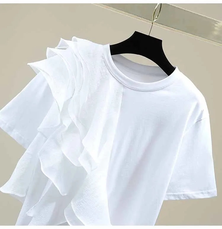 Patchwork Ruffle White Tops For Women O Neck Short Sleeve Casual T Shirt Female Fashion New Clothing 2022 Summer