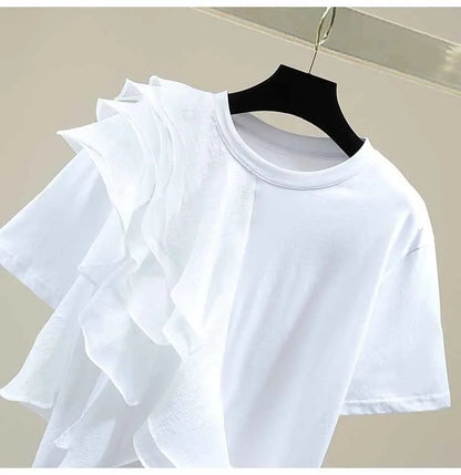 Patchwork Ruffle White Tops For Women O Neck Short Sleeve Casual T Shirt Female Fashion New Clothing 2022 Summer