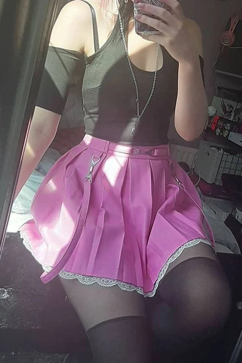 Women Skirts 2021 New Straps Decor Harakuju Lolita High Waist Mini Pleated Skirt School Girls Lace Hem Cute Streetwear