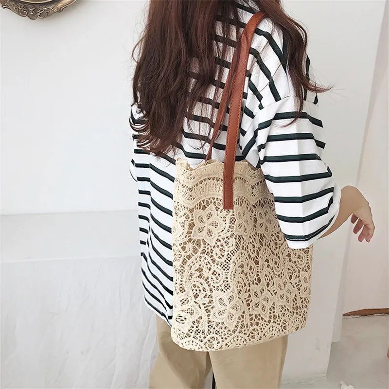 Bucket Shoulder Bag For Women New Summer Korean Lace Elegant Women Tote Shopping Female Bags Lady Handbag Female Beach Bag