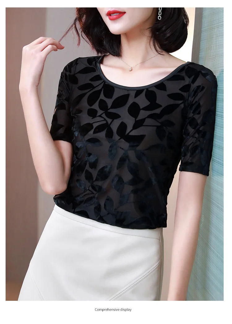 New Summer tops for Women Round neck Velvet burnt flower gauze t-shirt Short sleeve Women shirt