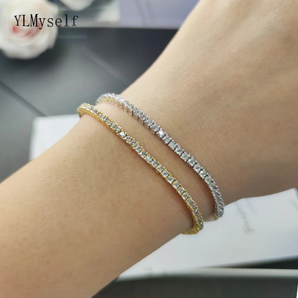 Tennis Necklace & Bracelet for Women – 2mm Pave Zircon Chain, Gold-Plated Brass, 6–20 Inch Lengths
