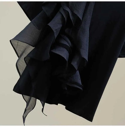 Patchwork Ruffle White Tops For Women O Neck Short Sleeve Casual T Shirt Female Fashion New Clothing 2022 Summer