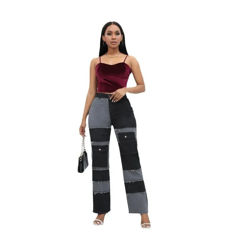 2025 Women's High Waist Straight Jeans Elegant Vintage Denim Fabric with Woven Weave Fashionable Hip Hop Style for Autumn