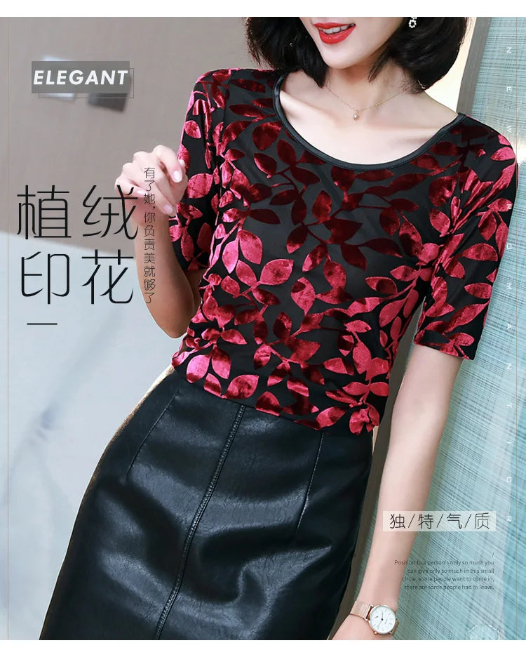 New Summer tops for Women Round neck Velvet burnt flower gauze t-shirt Short sleeve Women shirt