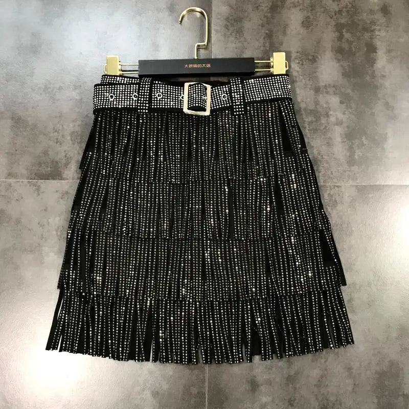 Women Skirt Fashion 2025 New Autumn High Waist Belt Multi Layer Short  Heavy Drilling Rhinestones Fringed Skirt with Cake A Line
