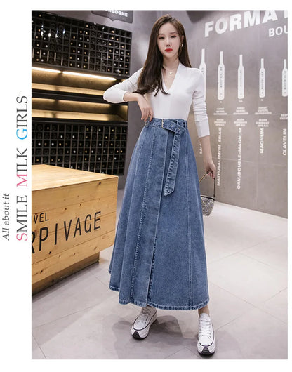 Jeans Skirt For Women Ladies Denim Long High Waist A-Line Button Clothes 2021 Summer Fashion Korean Style Elegant Outwear