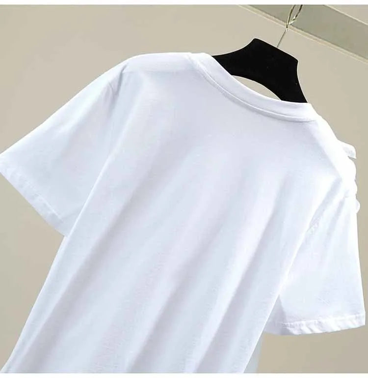 Patchwork Ruffle White Tops For Women O Neck Short Sleeve Casual T Shirt Female Fashion New Clothing 2022 Summer
