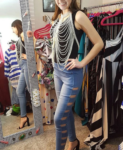 Sexy Women Pearl Shawl Necklaces Collar Shoulder Long Chain Pendants Necklaces Sweater Chain Wedding Dress Jewelry Accessories