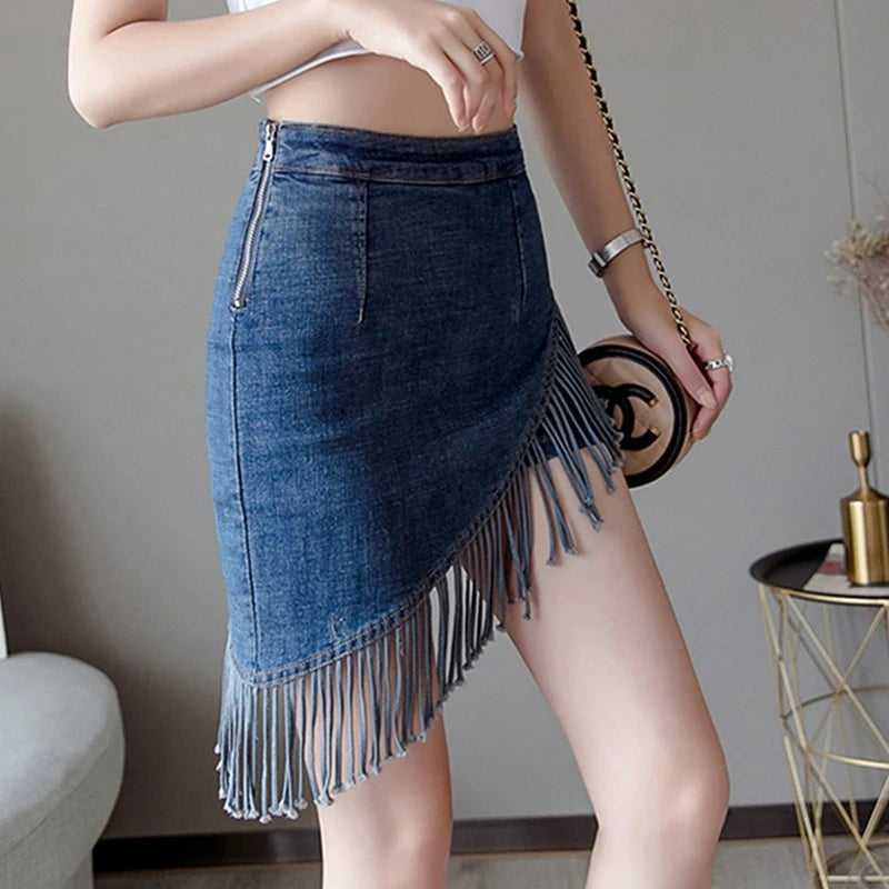 Korean New Tassel Summer Denim Skirt Zipper High Waist Korean Short Skirt Women Mini Jeans Skirt Sexy Warp Vintage Skirts