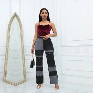 2025 Women's High Waist Straight Jeans Elegant Vintage Denim Fabric with Woven Weave Fashionable Hip Hop Style for Autumn