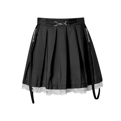 Women Skirts 2021 New Straps Decor Harakuju Lolita High Waist Mini Pleated Skirt School Girls Lace Hem Cute Streetwear