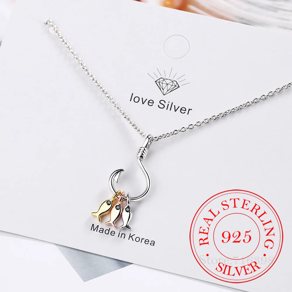 925 Sterling Silver Necklace For Women Cute Fish and Fish Hook Necklace Colar De Prata Chain Jewelry
