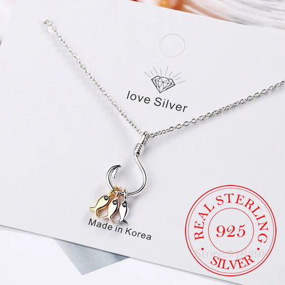 925 Sterling Silver Necklace For Women Cute Fish and Fish Hook Necklace Colar De Prata Chain Jewelry
