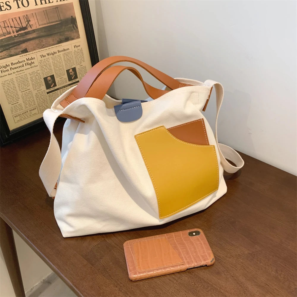 Large Capacity Canvas Tote Bags for Women 2021 New Contrast Color Bucket Travel Bag Simple Fashion Girl's Shopper Shoulder Totes