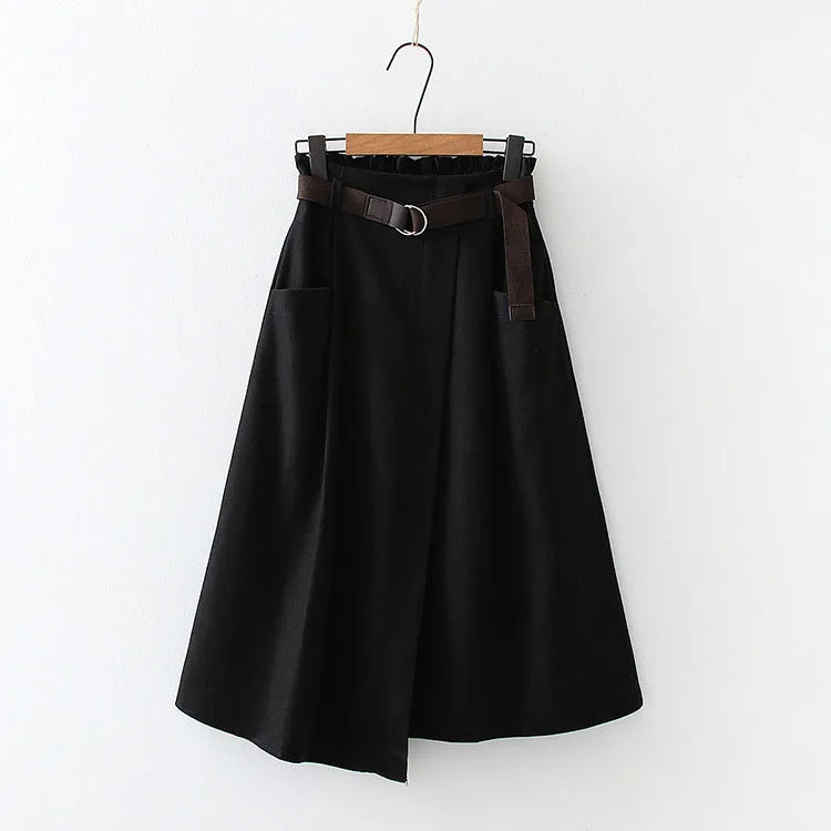 Women Casual Skirts Spring And Autumn Solid High Waist Irregular Pockets Midi Skirts Fashion Simple Elegant Saia Faldas