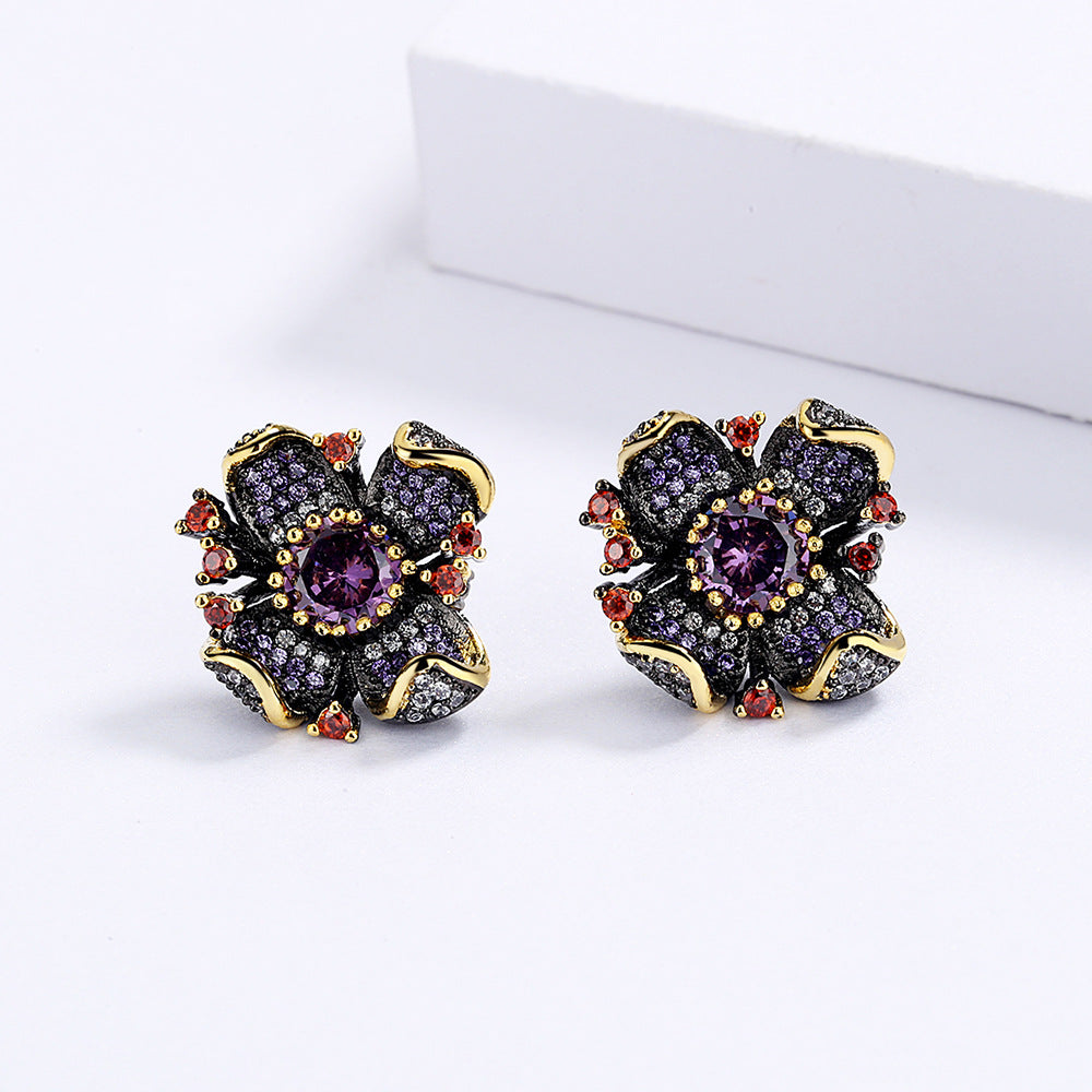 New European and American Flower Earrings Sunflower Zircon Earrings Black Gold Earrings Women's Bridal Earrings