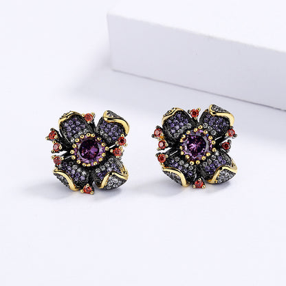 New European and American Flower Earrings Sunflower Zircon Earrings Black Gold Earrings Women's Bridal Earrings