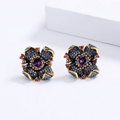 New European and American Flower Earrings Sunflower Zircon Earrings Black Gold Earrings Women's Bridal Earrings