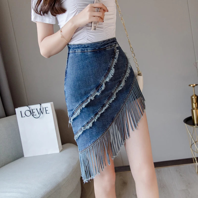Korean New Tassel Summer Denim Skirt Zipper High Waist Korean Short Skirt Women Mini Jeans Skirt Sexy Warp Vintage Skirts