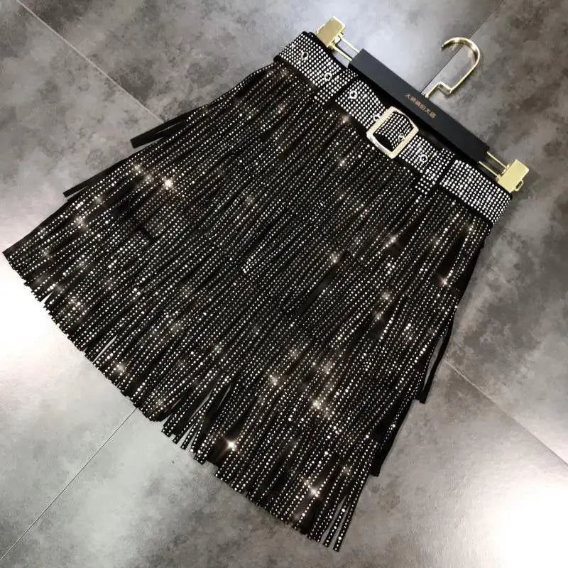 Women Skirt Fashion 2025 New Autumn High Waist Belt Multi Layer Short  Heavy Drilling Rhinestones Fringed Skirt with Cake A Line