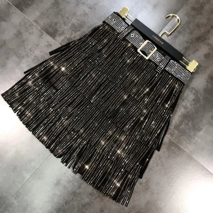 Women Skirt Fashion 2025 New Autumn High Waist Belt Multi Layer Short  Heavy Drilling Rhinestones Fringed Skirt with Cake A Line