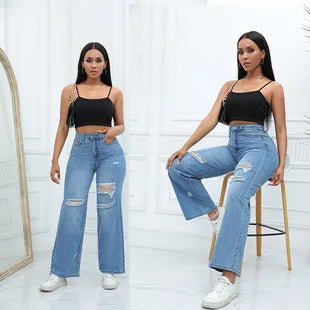 2025 Women's High Waist Straight Jeans Elegant Vintage Denim Fabric with Woven Weave Fashionable Hip Hop Style for Autumn