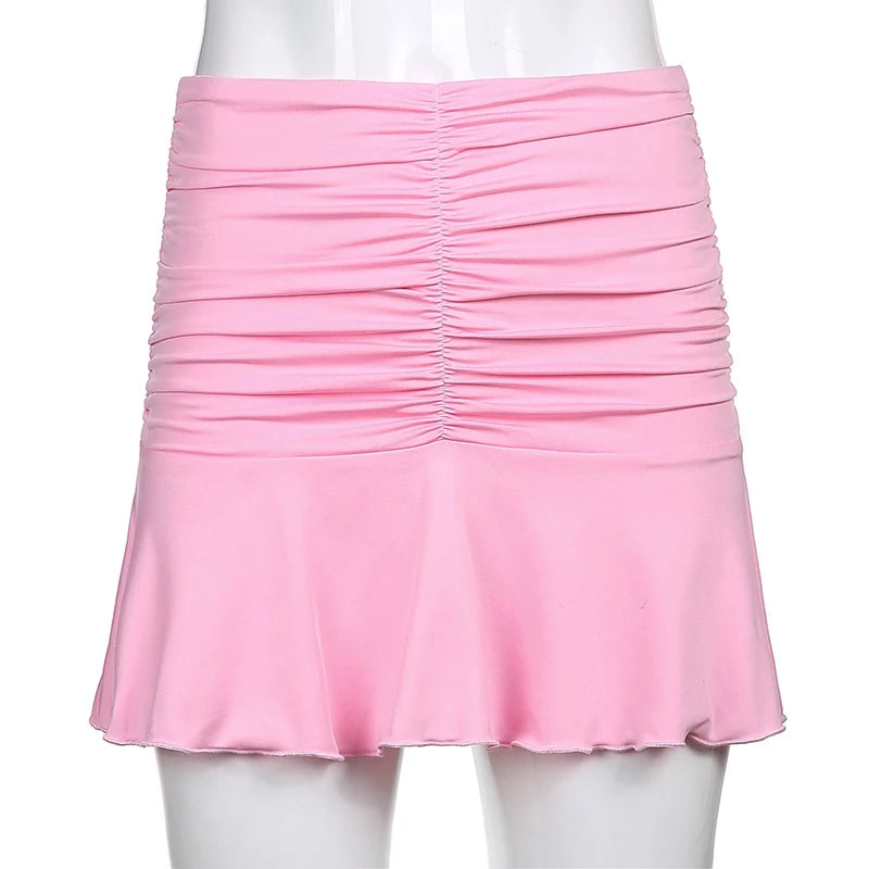 Summer Ruched Skirts For Women White Y2K Mini Beachwear High Waist Casual Short Skirt Fashion Kawaii Korean Style Pleated Skirt