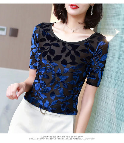 New Summer tops for Women Round neck Velvet burnt flower gauze t-shirt Short sleeve Women shirt