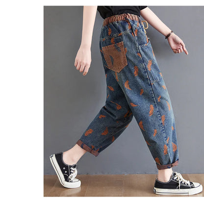 Jeans For Women Spring Street Feather Embroidery Color Contrast Loose Thin Drawstring Pockets Elastic Waist Denim Pants Female
