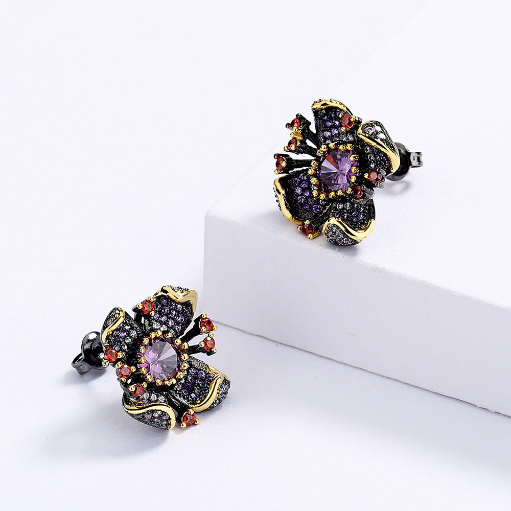 New European and American Flower Earrings Sunflower Zircon Earrings Black Gold Earrings Women's Bridal Earrings