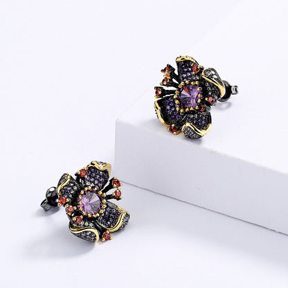 New European and American Flower Earrings Sunflower Zircon Earrings Black Gold Earrings Women's Bridal Earrings