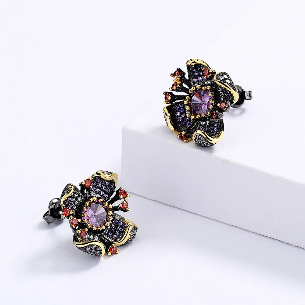 New European and American Flower Earrings Sunflower Zircon Earrings Black Gold Earrings Women's Bridal Earrings