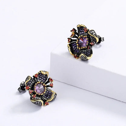 New European and American Flower Earrings Sunflower Zircon Earrings Black Gold Earrings Women's Bridal Earrings