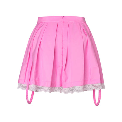 Women Skirts 2021 New Straps Decor Harakuju Lolita High Waist Mini Pleated Skirt School Girls Lace Hem Cute Streetwear