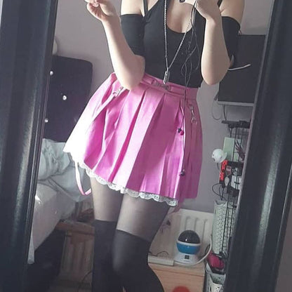 Women Skirts 2021 New Straps Decor Harakuju Lolita High Waist Mini Pleated Skirt School Girls Lace Hem Cute Streetwear