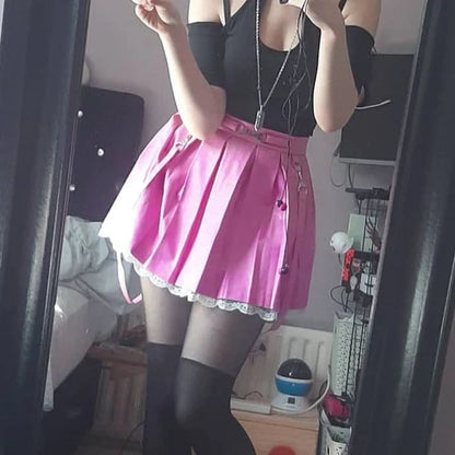 Women Skirts 2021 New Straps Decor Harakuju Lolita High Waist Mini Pleated Skirt School Girls Lace Hem Cute Streetwear