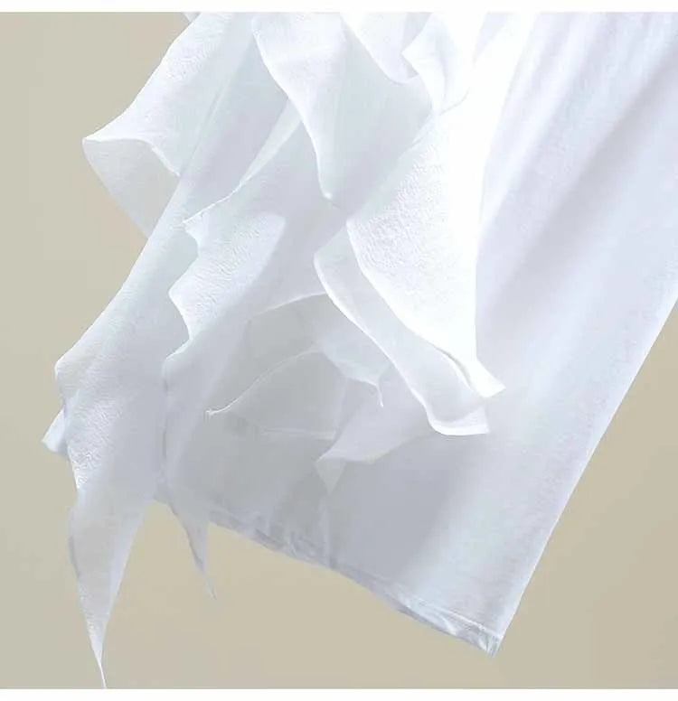 Patchwork Ruffle White Tops For Women O Neck Short Sleeve Casual T Shirt Female Fashion New Clothing 2022 Summer