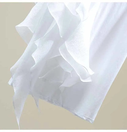 Patchwork Ruffle White Tops For Women O Neck Short Sleeve Casual T Shirt Female Fashion New Clothing 2022 Summer