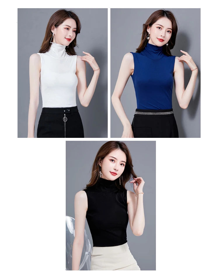 Summer Tops For Women 2025 Turtleneck Basic Sleeveless Lace Tank Tops Women Female Top Korean Tees Black White Blue
