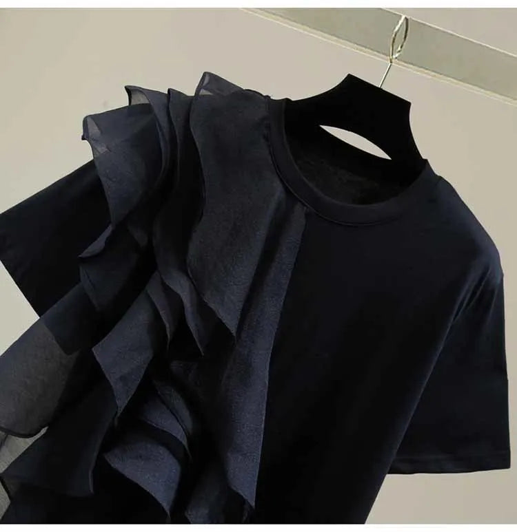 Patchwork Ruffle White Tops For Women O Neck Short Sleeve Casual T Shirt Female Fashion New Clothing 2022 Summer