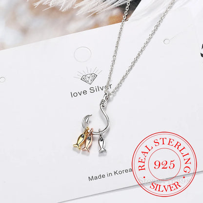 925 Sterling Silver Necklace For Women Cute Fish and Fish Hook Necklace Colar De Prata Chain Jewelry