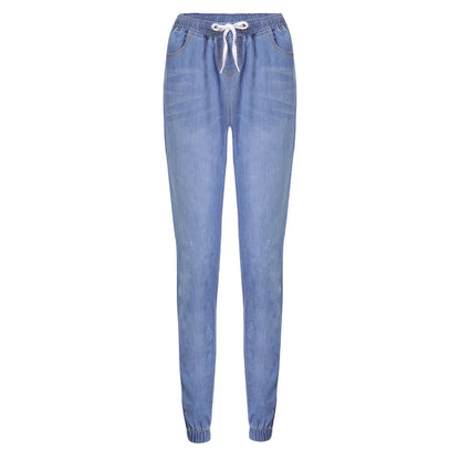 Casual Women Drawstring Elastic Waist Jeans Loose Denim Long Pants Drawstring Elastic Waist Jeans Denim Pants 2022